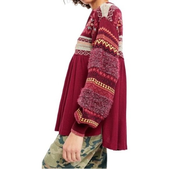 FREE PEOPLE Cabin Fever Metallic Pattern Thermal Sweater Pomegranate Wine, Small - Picture 3 of 4